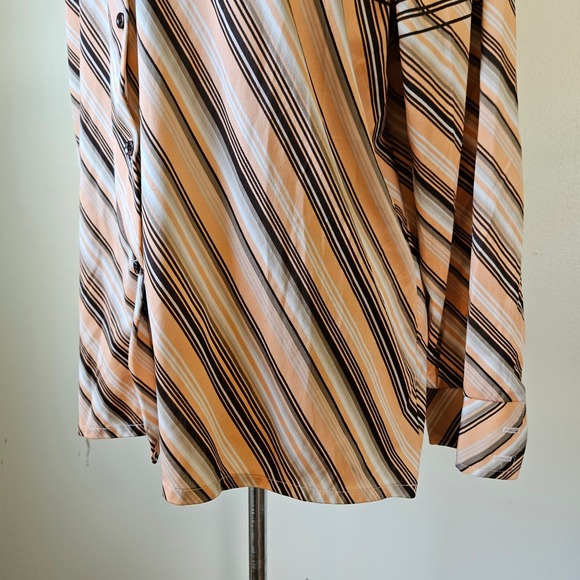 Vintage 70s Brown Peach Gray Stripe Plaid Polyester Disco Dagger Collar Shirt L - Picture 3 of 7